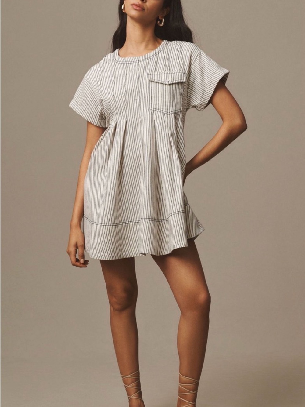 Striped Short-Sleeve Jean Mini Dress - White/Black